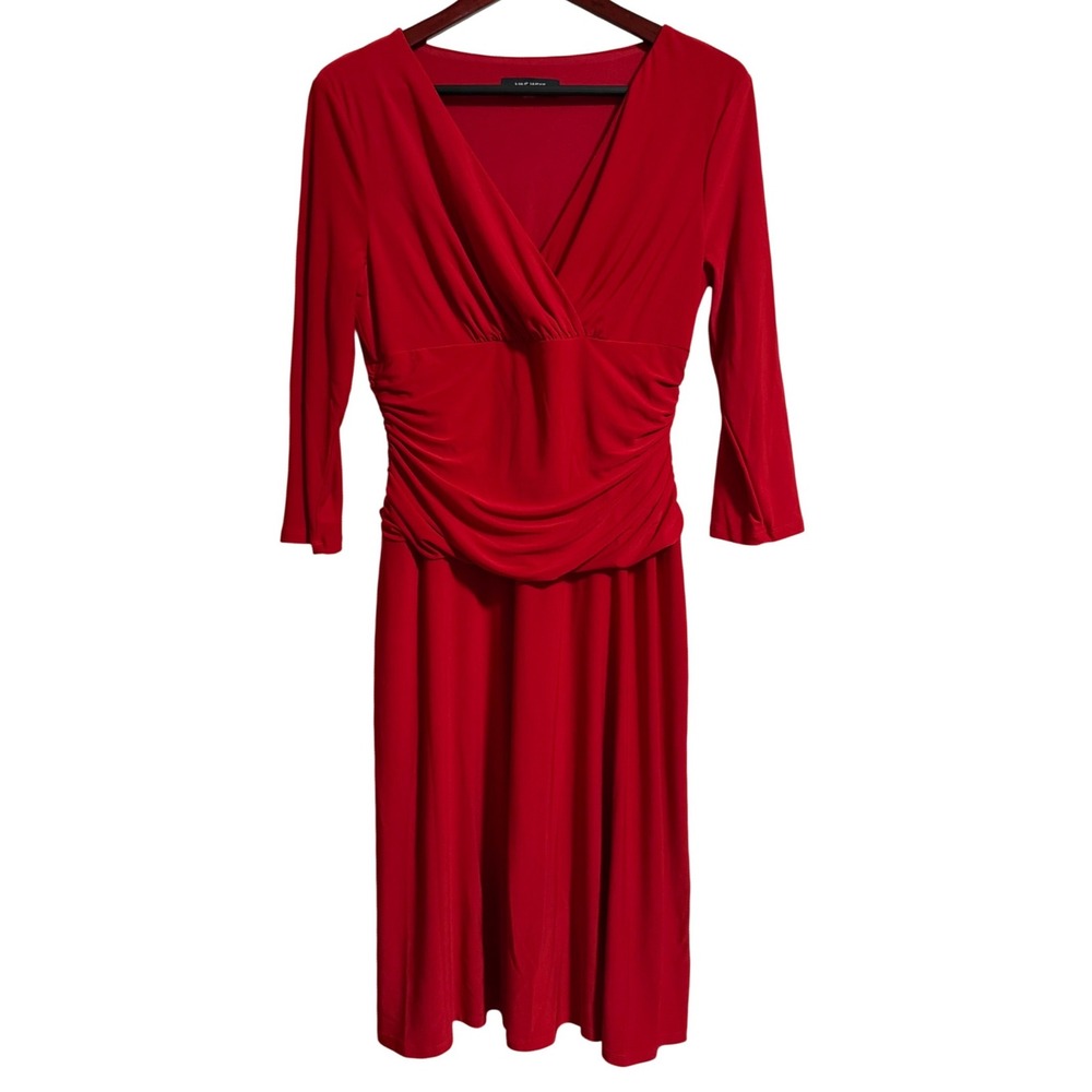 Nine West Red Surplice Ruched V-Neck Midi Dress 3/4 Sleeve 8